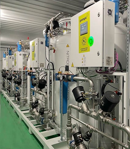 Generador de nitrógeno en contenedor Nitrogenera de Gaslogic en funcionamiento para producción in situ